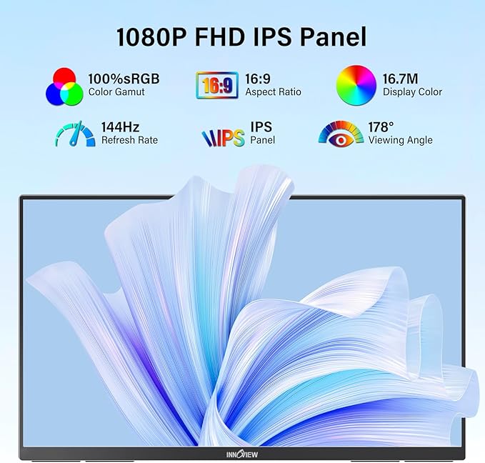 InnoView 23.8" Large Portable Monitor, FHD 144HZ 100% SRGB IPS USB-C HDMI Work - Image 2
