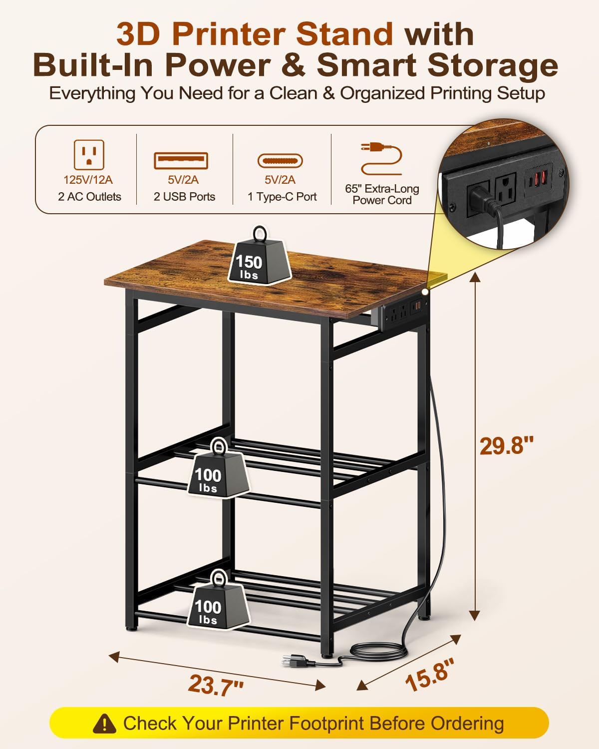 3D Printer Stand with Filament Storage - Heavy Duty Metal 3D Printer Table wi...