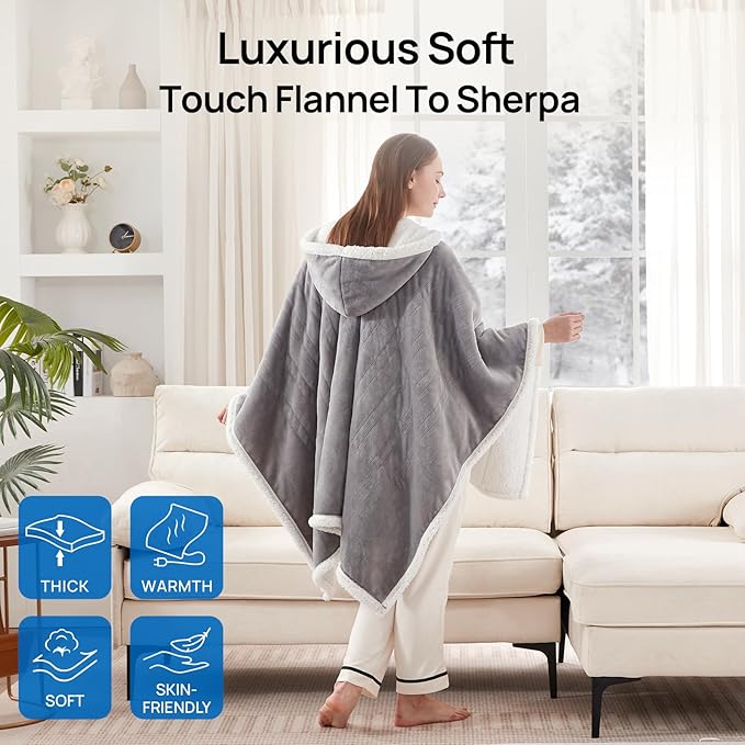 Westinghouse Wearable Heated Throw Blanket, Electric Heated Wrap Poncho Shawl - Image 6