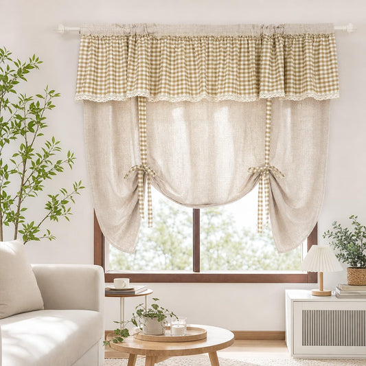 1 Panel Rod Pocket Tie Up Roman Curtain Khaki Gingham Lace Valance | Top Linen Blend Adjustable Lift Cafe Curtain, Light Filtering Privacy Short Window Curtain for Kitchen Farmhouse W55 x L63 in