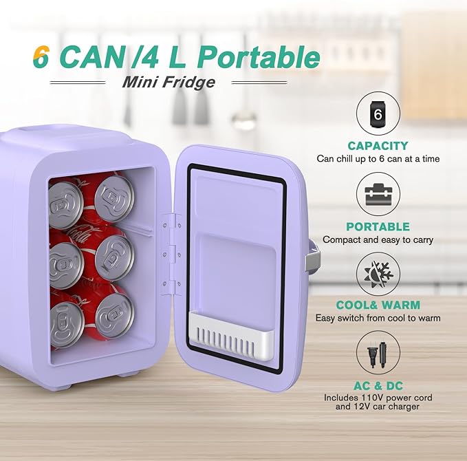 CROWNFUL Mini Fridge, 4 Liter/6 Can Portable Cooler and Warmer Personal - Image 3