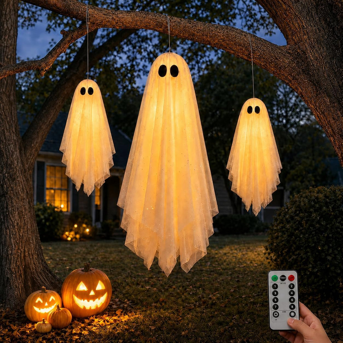3 Pack Pre-Assembled Hanging Ghosts Halloween Decorations with Warm Glow,Ghos...