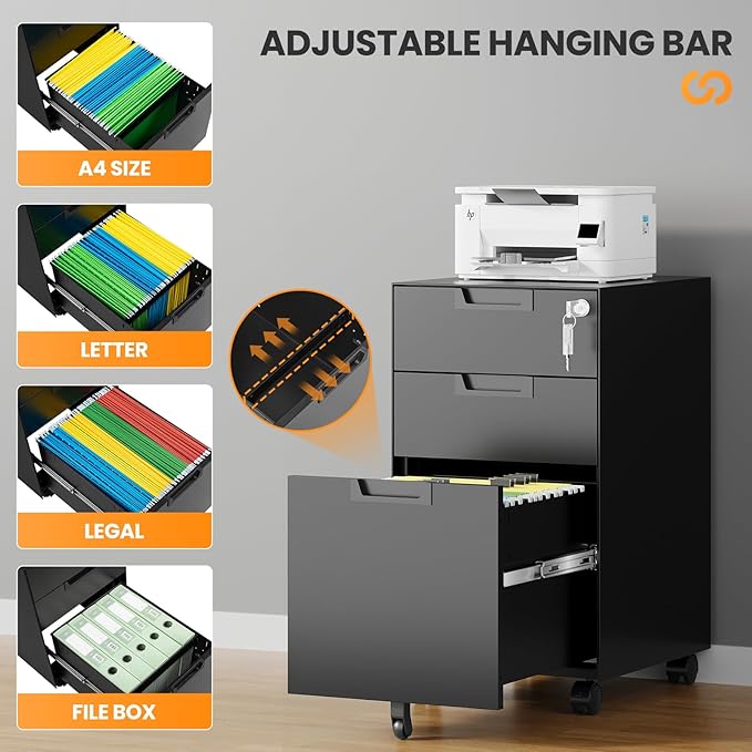 3 Drawer File Cabinet with Lock, Fully Assembled Metal Mobile Filing Cabinets - Image 5
