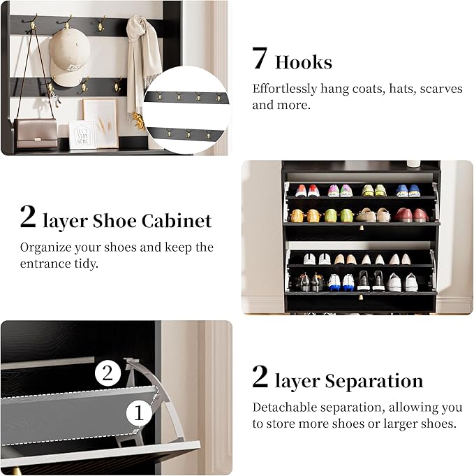 Shoe Cabinet for Entryway with 2 Flip Drawers & Coat Rack, Narrow Hidden Shoe - Image 4
