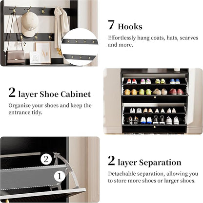 Shoe Cabinet for Entryway with 2 Flip Drawers & Coat Rack, Narrow Hidden Shoe - Image 4