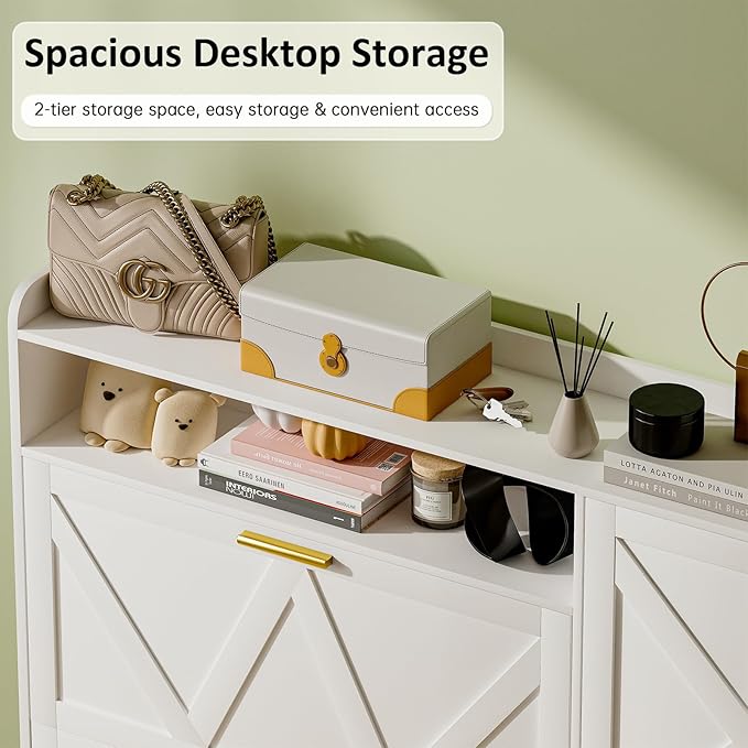 White Shoe Cabinet with 2 Flip Drawers Door, Adjustable Shelves, Narrow Shoe - Image 5