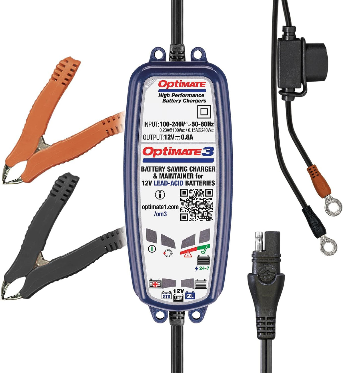optimate3 0.8a, smart battery saving charger for 12v, main product view