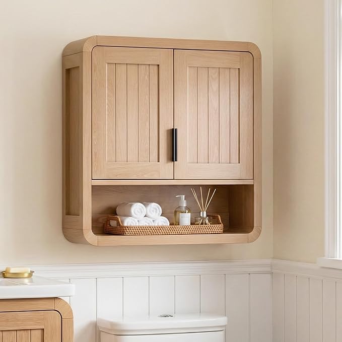 Modern Farmhouse Bathroom Wall Cabinet, Oak Finish Medicine Cabinet by VANIRROR