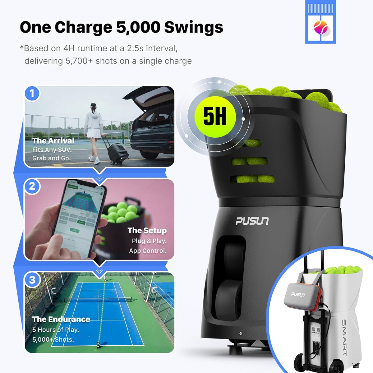 pusun｜pt-smart tennis ball machine: app control with 12, side view