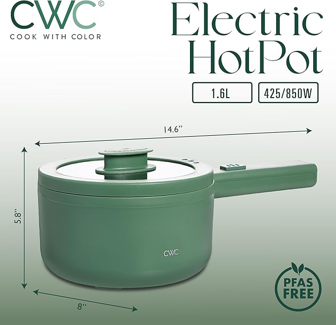 COOK WITH COLOR Electric Hot Pot, 1.6L Mini Cooker, 700W Power, Non-Stick - Image 2