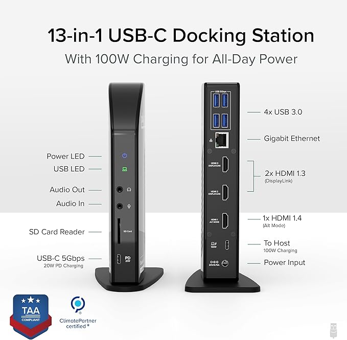 Plugable USB-C Triple Monitor Docking Station: 13-in-1 Laptop Dock - Image 2