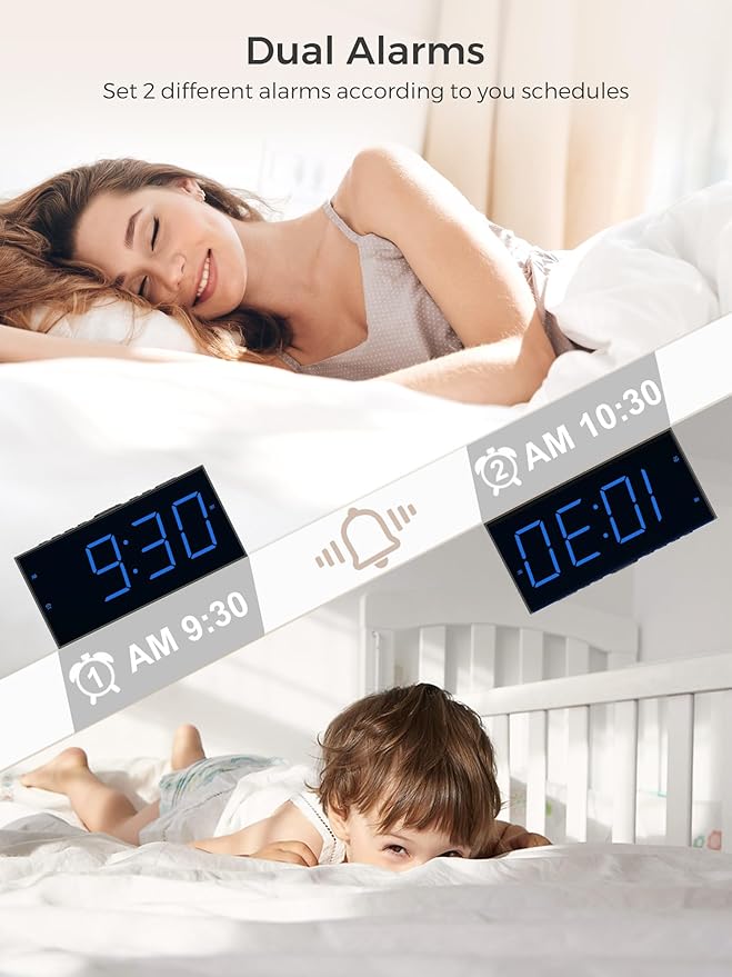Digital Dual Alarm Clocks for Bedrooms, Large Big Numbers Display Electric - Image 3