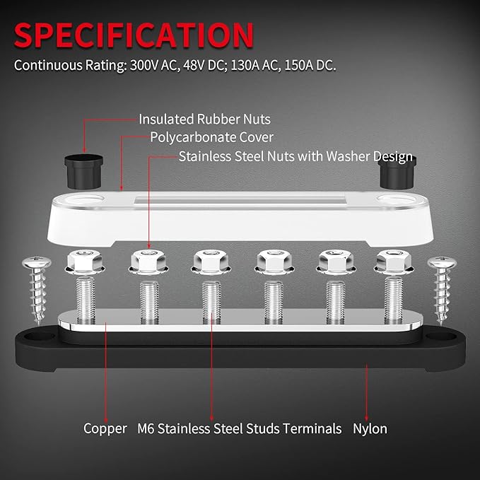 DAIERTEK Marine Bus Bar 12V 6 x 1/4" Terminal Studs 12 Volt Bus Bar Power - Image 3