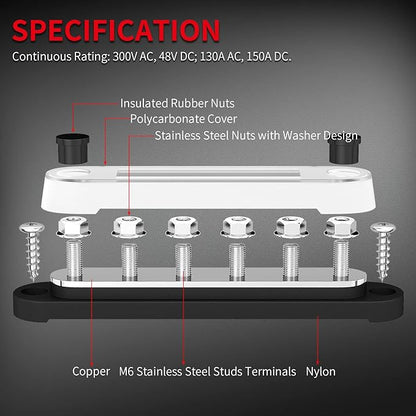 DAIERTEK Marine Bus Bar 12V 6 x 1/4" Terminal Studs 12 Volt Bus Bar Power - Image 3