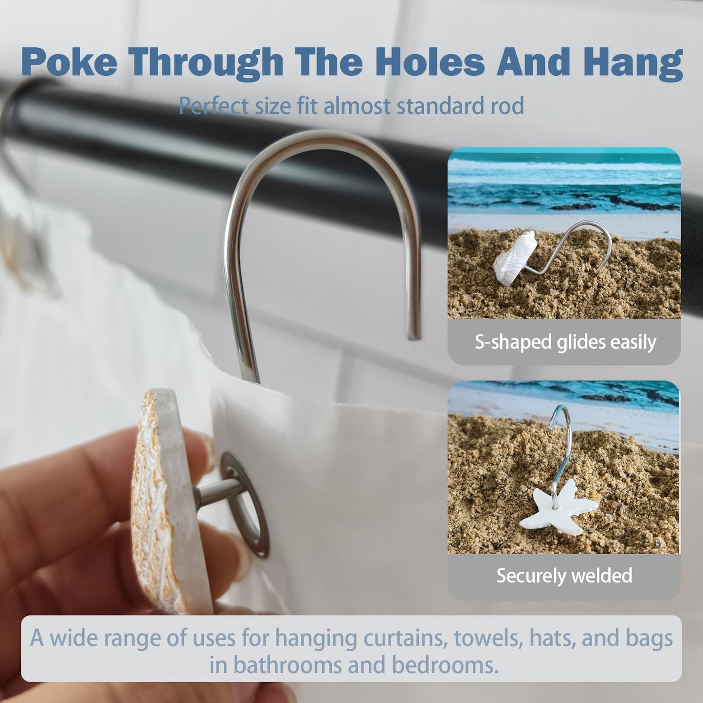 Seashell Shower Curtain Hooks 12pcs Beach Shower Curtain Rings Bath Shower Hooks Rust Proof Curtain Hangers Coastal Bathroom Accessories Decors