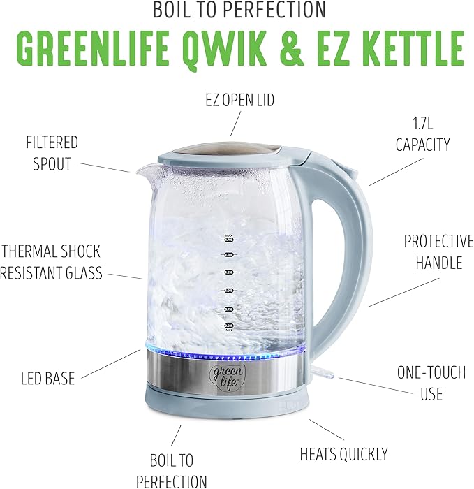 GreenLife 1.7 Liter Glass Electric Kettle, Easy One Touch Use, Quick Heating - Image 3