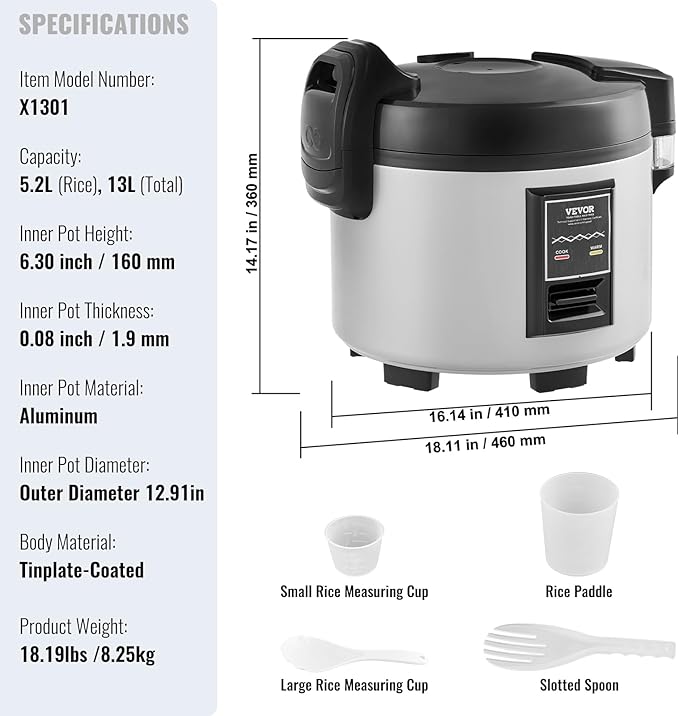 VEVOR Commercial Rice Cooker, 60-Cup Rice Cooker, 13.74 Qt / 13 Liter Large - Image 7