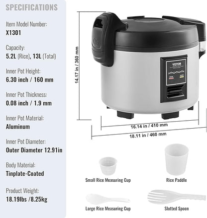 VEVOR Commercial Rice Cooker, 60-Cup Rice Cooker, 13.74 Qt / 13 Liter Large - Image 7