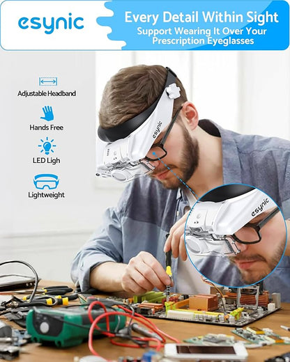 eSynic Head Magnifier with 2 LED Light-1.5X-13X Magnification with 5 Acylic - Image 2