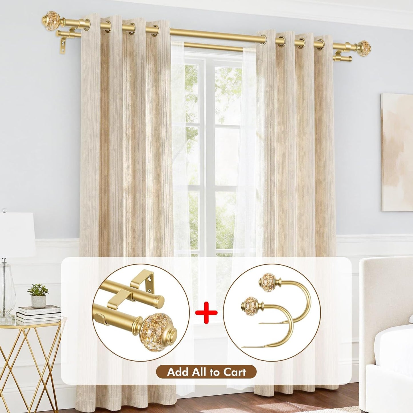 Double Curtain Rods for Windows 72 to 144, Luxury Gold, 1 Inch | Double Layer Window Treatment Rods, Decorative Crystal Ball Finials, Heavy Duty Adjustable Pole, Supports 33lbs, Easy Install