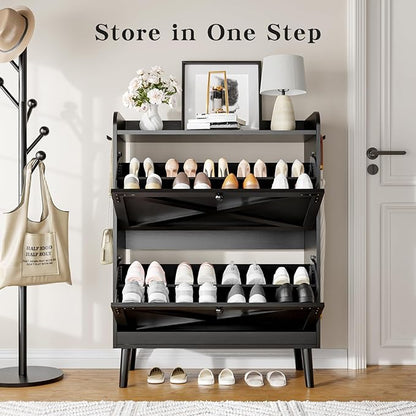Shoe Storage Cabinet with 2 Flip Drawers & Adjustable Shelves, Freestanding - Image 7