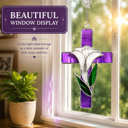 SassyXpressions Stained Glass Cross with Lily – 9x5inch – Handcrafted Window Hanging Christian Cross – Decorative Home Décor, Prayer Room Ornament – Religious Keepsake, Faith-Inspired Christian Gift