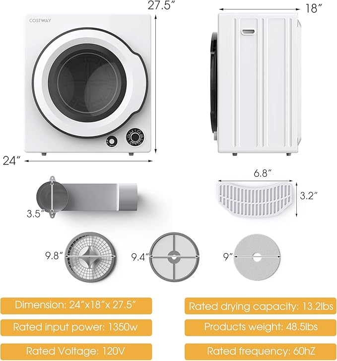 COSTWAY Portable Clothes Dryer, 13.2 LBS Front Load Compact Laundry Dryer - Image 7