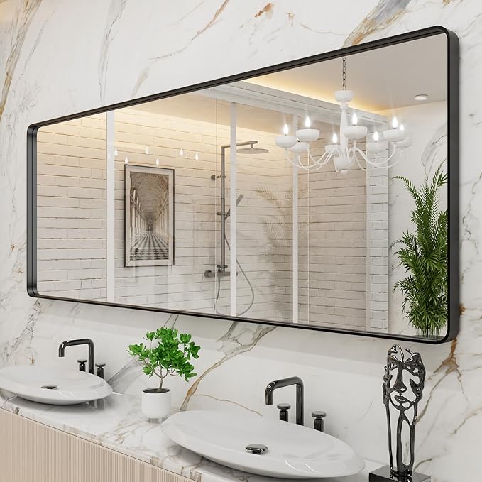 LOAAO 84x32 Inch Black Metal Framed Bathroom Mirror by LOAAO