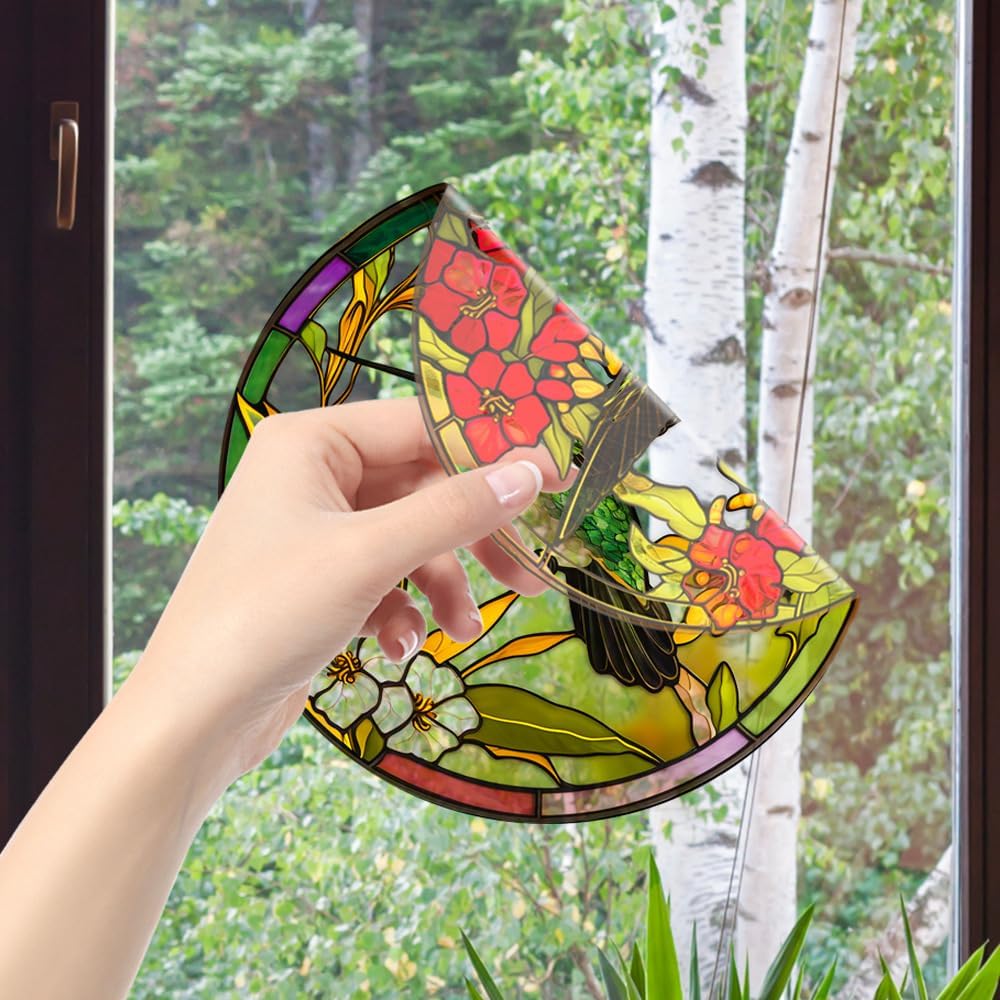Window Stickers Hummingbird Static Glass Clings Window Decals Flower and Bird Reusable Home Decor(Round)
