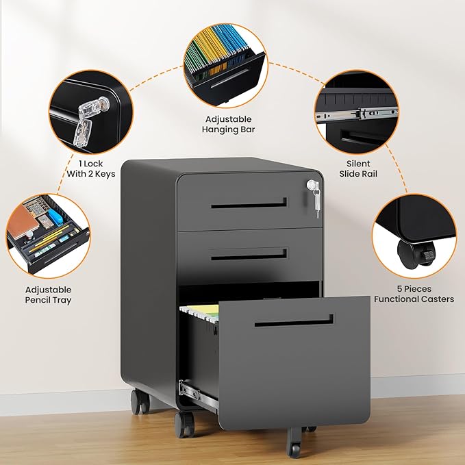 3 Drawer File Cabinet, Fully Assembled Mobile File Cabinets - Image 6