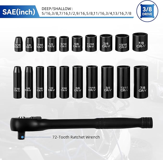 21-Piece 3/8" Drive Socket Set, Deep and Shallow Sockets, 72-Tooth Ratchet - Image 2