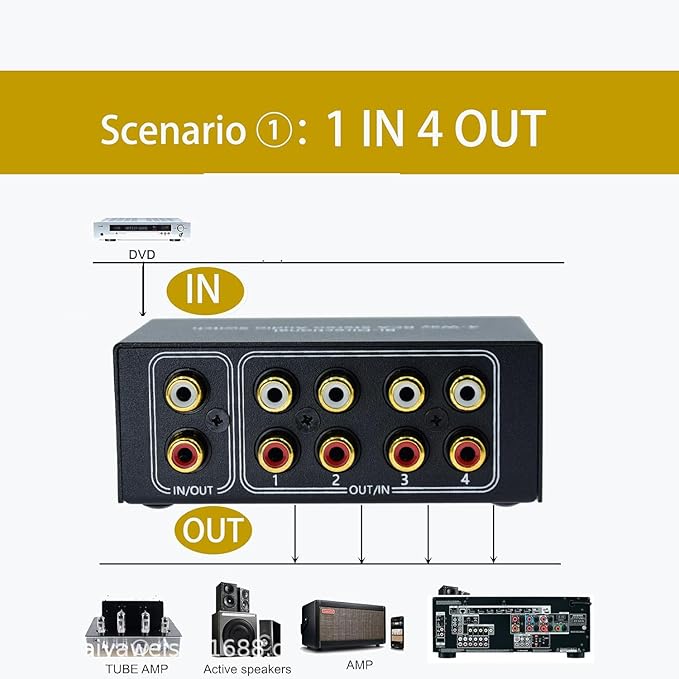 No Noise 4 Way 1 in 4 Out or 4 in 1 Out Audio Sound selector RCA Female Stereo - Image 3