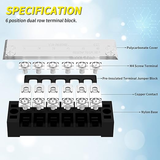 Joinfworld 35A Terminal Block 6 Position Screw Terminal Strip Dual Row - Image 3