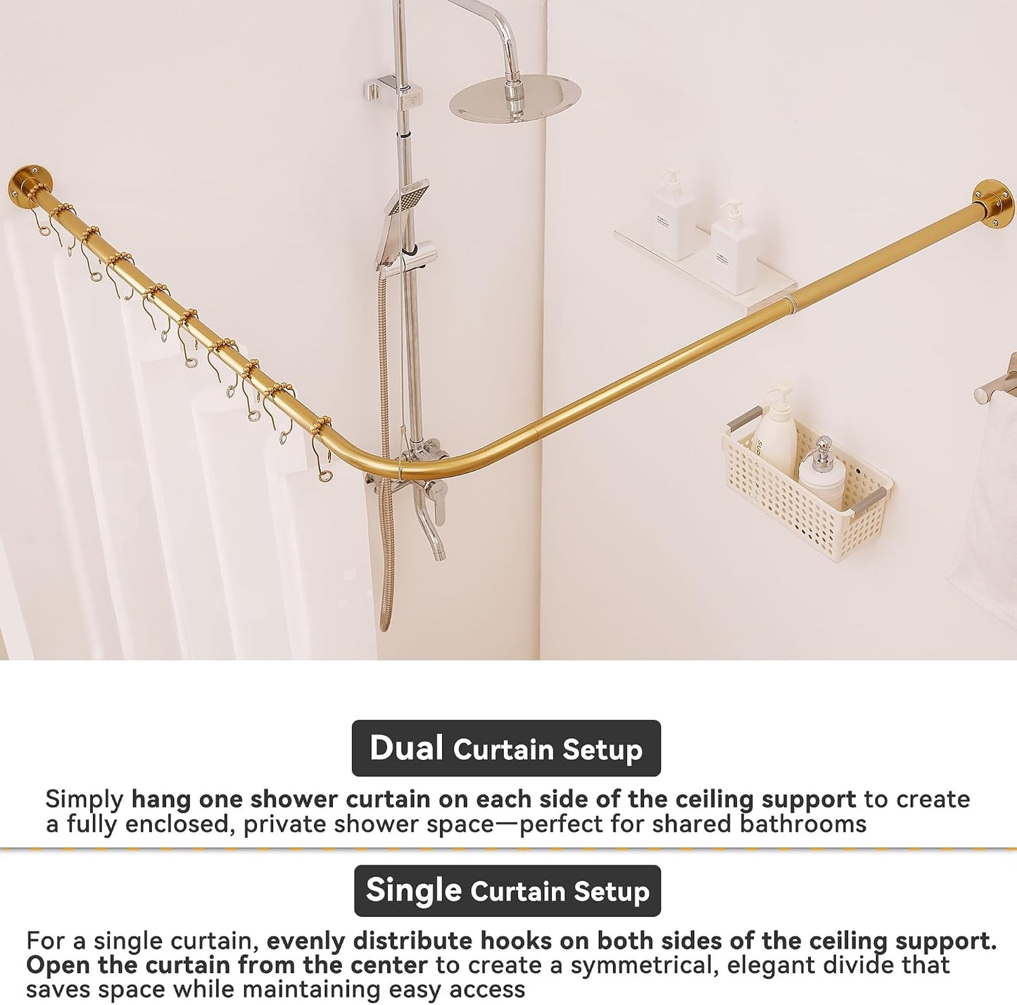 L Shaped Corner Shower Curtain Rod, [23.6"-52"] x [23.6"-52"] Heavy Duty 90 Degree Adjustable Shower Pole for Bathroom, Bathtub & Outdoor with 12 Hooks & Ceiling Support - Gold