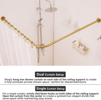 L Shaped Corner Shower Curtain Rod, [23.6"-52"] x [23.6"-52"] Heavy Duty 90 Degree Adjustable Shower Pole for Bathroom, Bathtub & Outdoor with 12 Hooks & Ceiling Support - Gold
