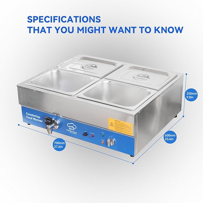 4 Pan Commercial Food Warmer, Electric Countertop Bain Marie Stainless Steel - Image 6