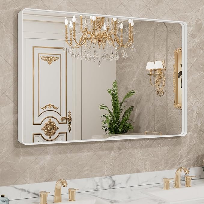 LOAAO 40x32 Inch White Metal Framed Bathroom Mirror by LOAAO