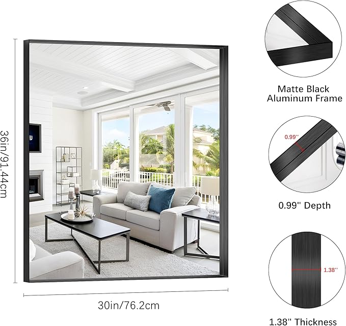 Black Bathroom Mirror, 30x36 Inch Rectangular Framed Mirror, Large Wall Mounted - Image 3