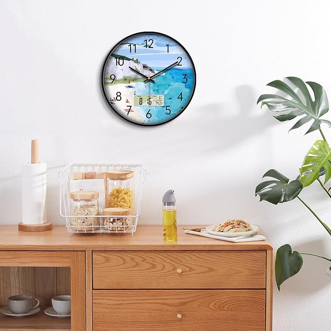 SCOAGE Silent Wall Clock with Temperature Day and Date Blue Mountain and Sea - Image 5