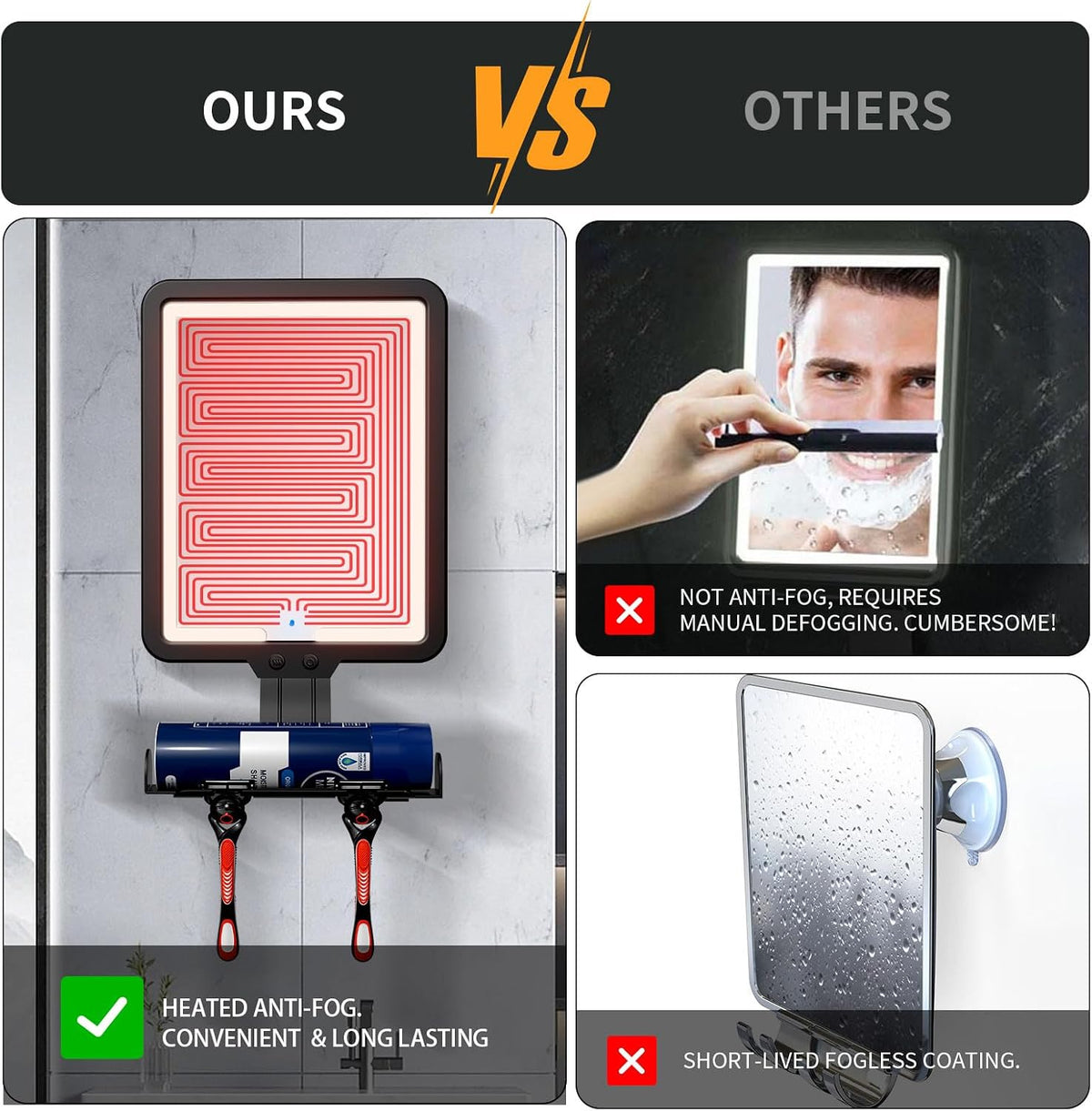 Shower Mirror Fogless for Shaving,Quick Anti Fog Mirror for Shower with Light, 3-Color Led Light Bathroom Mirror with Strong Adhesive Backing, Dimmable Brightness Makeup Mirrors for Wall