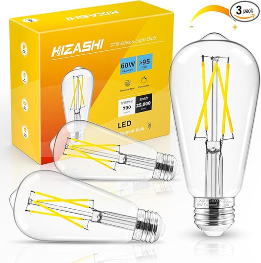 Hizashi E26 Edison Bulb 60 Watt LED, 4000K Dimmable Light Bulbs, ST19 Vintage by HIZASHI