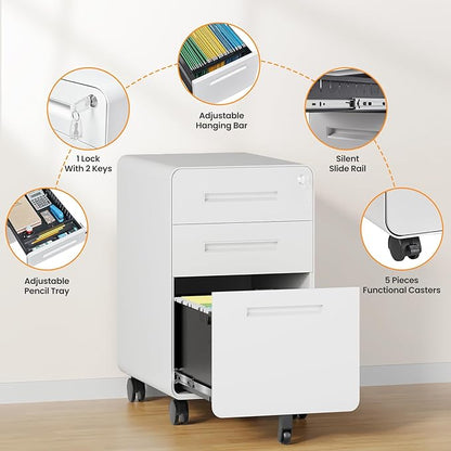 3 Drawer File Cabinet, Fully Assembled Mobile File Cabinets - Image 7