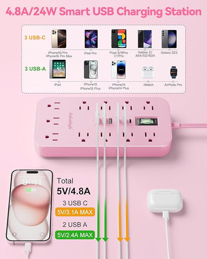 Pink Extension Cord with Multiple Outlets- 5 FT Kawaii Power Strip, Cute - Image 5