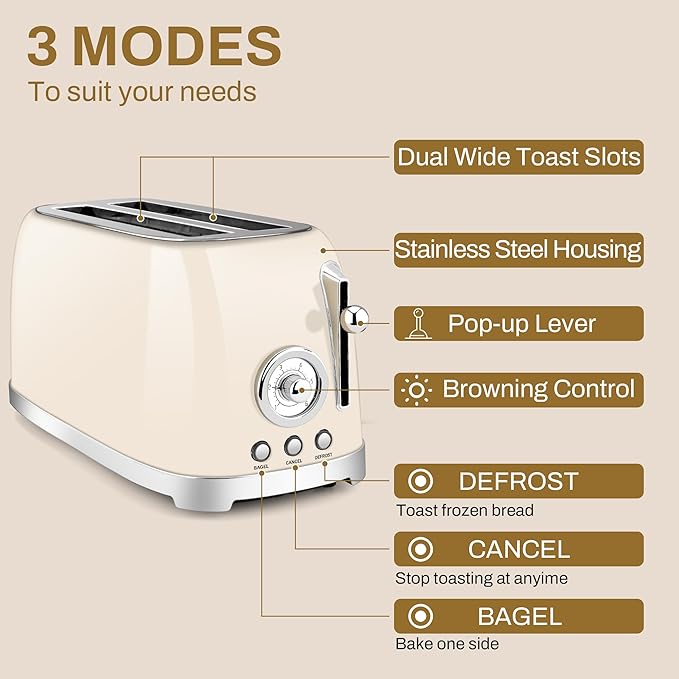 SUSTEAS Toaster 4 Slice Wide Slot, Stainless Steel Bread Bagel Toasters - Image 2