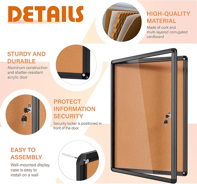 Enclosed Bulletin Board Cork Board 36x24 in, Lockable Wall Display Case - Image 3