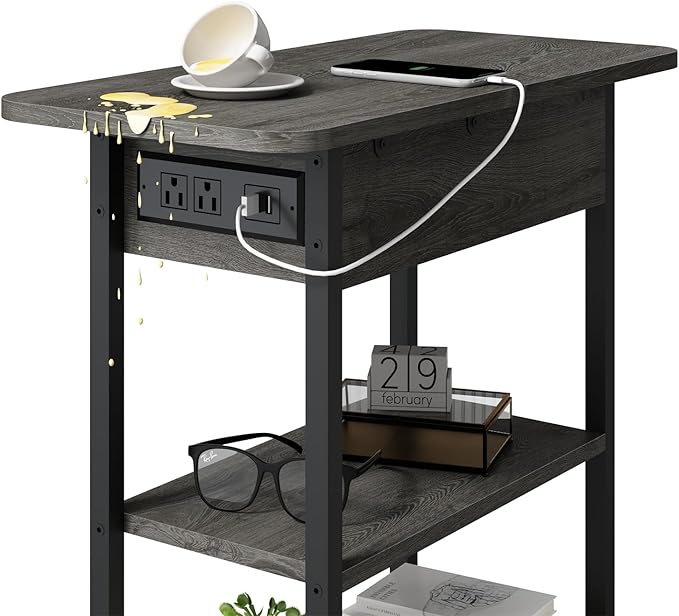 LIDYUK End Table with Charging Station, Flip Top Narrow Side Table - Image 6