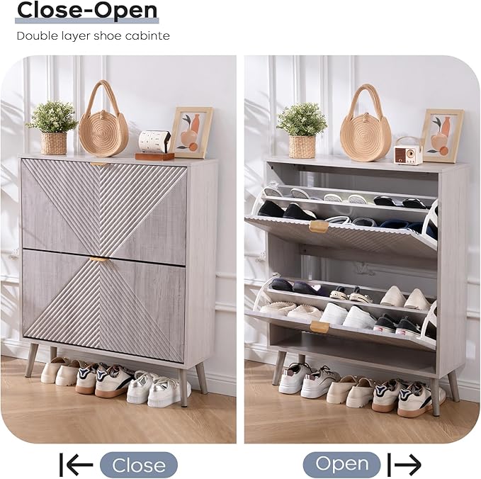 Shoe Cabinet with 2 Flip Drawers, Freestanding Shoe Cabinet Organizer with 4 - Image 7