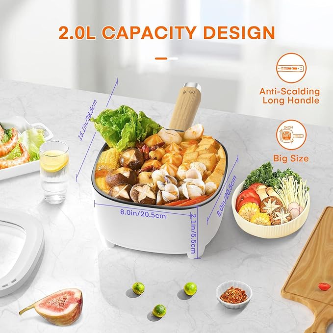 Audecook Hot Pot Electric 2L, Cermic Glaze Non-Stick Frying Pan 8 Inch - Image 3