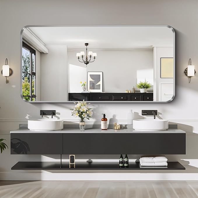 CIRCUMI Silver Bathroom Mirror, Rounded Corner, Tempered Glass, Large Mirror - Image 4