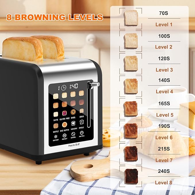 2 Slice Toaster Touch Screen, Stainless Steel Toasters Digital Timer 2 Slot - Image 4